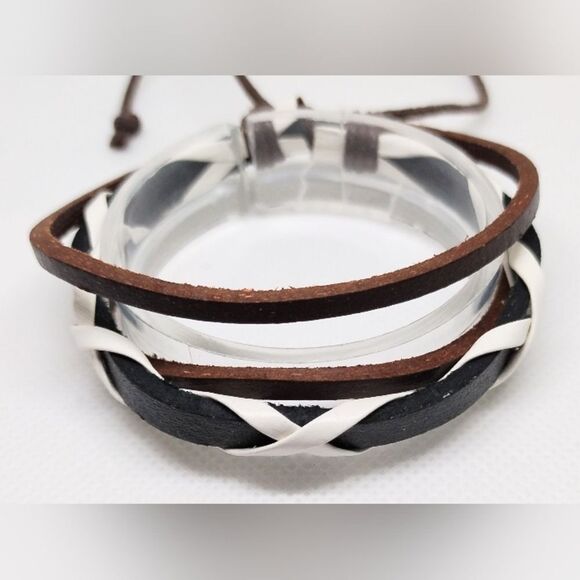 None Other - Men's leather bracelet braided layered black brown‎ new e84